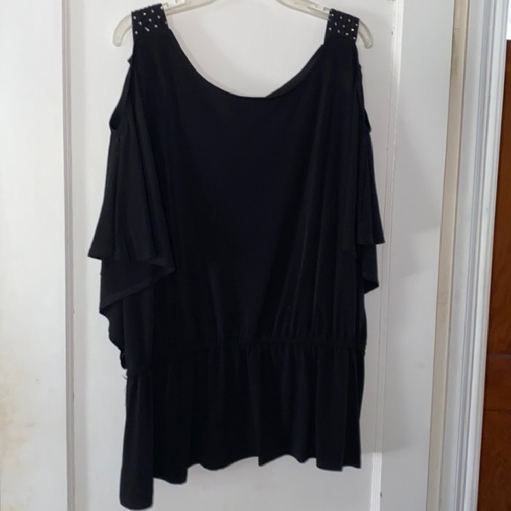 Dressbarn Collection women’s cold shoulder blouse w/rhinestone detail.